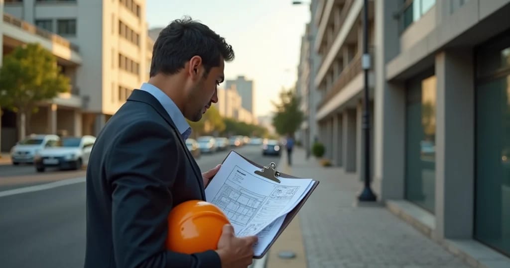 Perito imobiliário avaliando fachada predial com prancheta de cadastro em área urbana