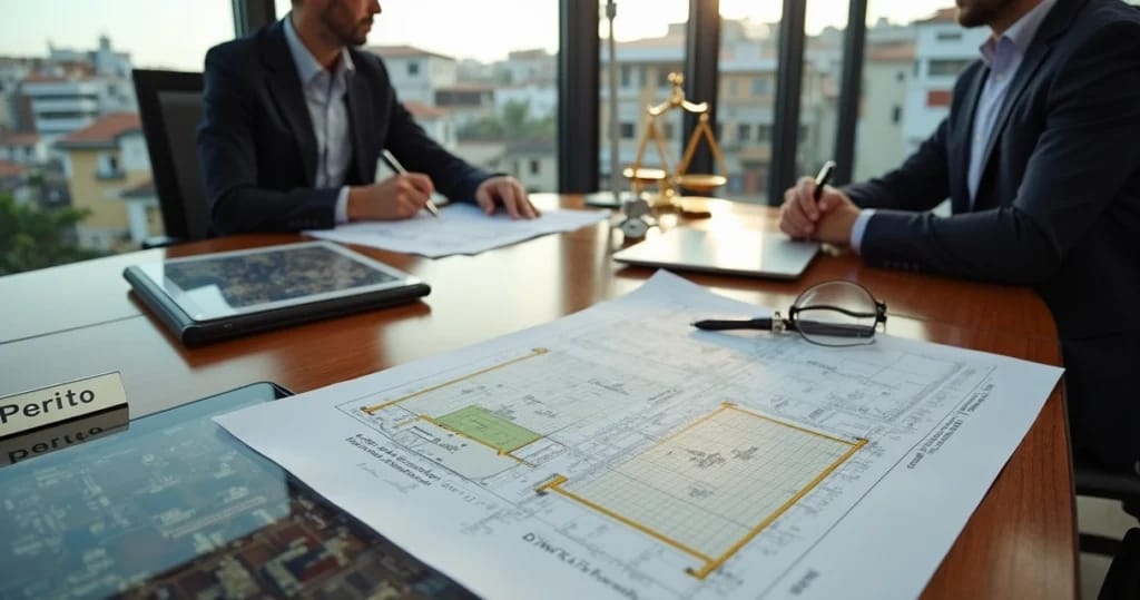 Perito imobiliário analisando planta baixa e imóvel urbano para usucapião