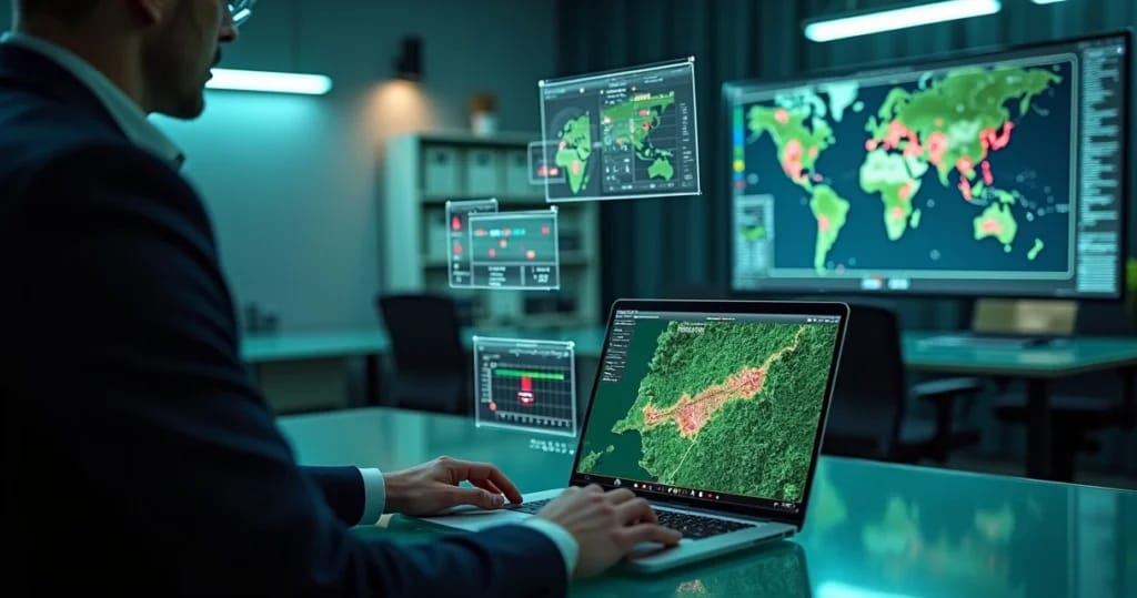 Investigador analisa mapa digital com rastros de desmatamento em tela flutuante