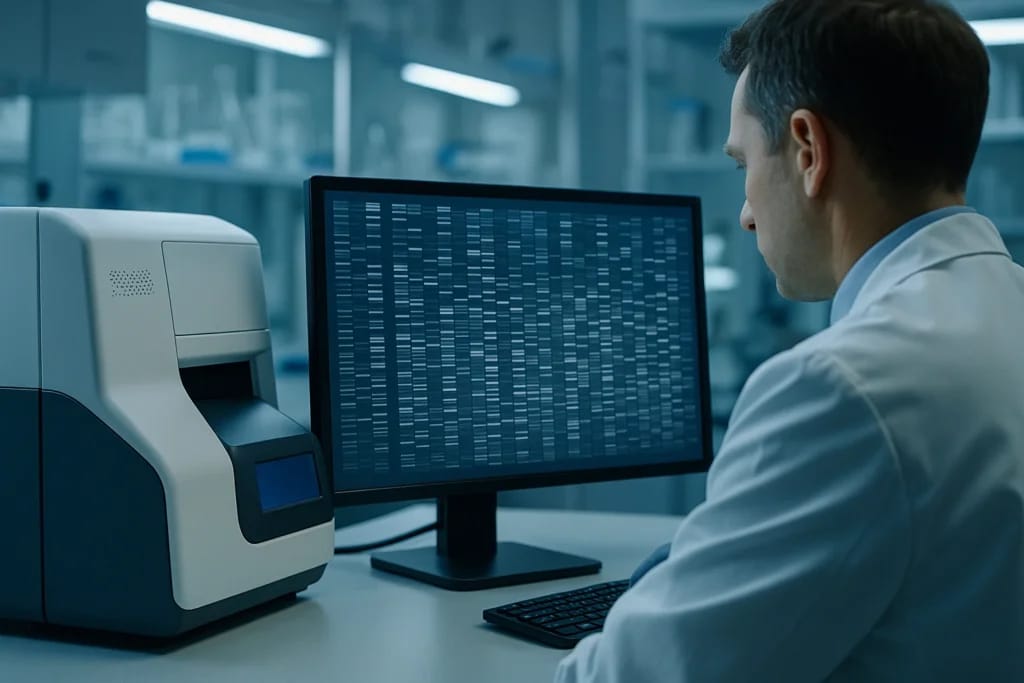Laboratório de genética forense com equipamento de sequenciamento de DNA