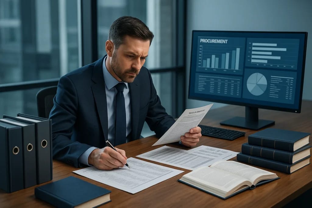 Perito contábil analisa documentos de licitação e contratos em escritório