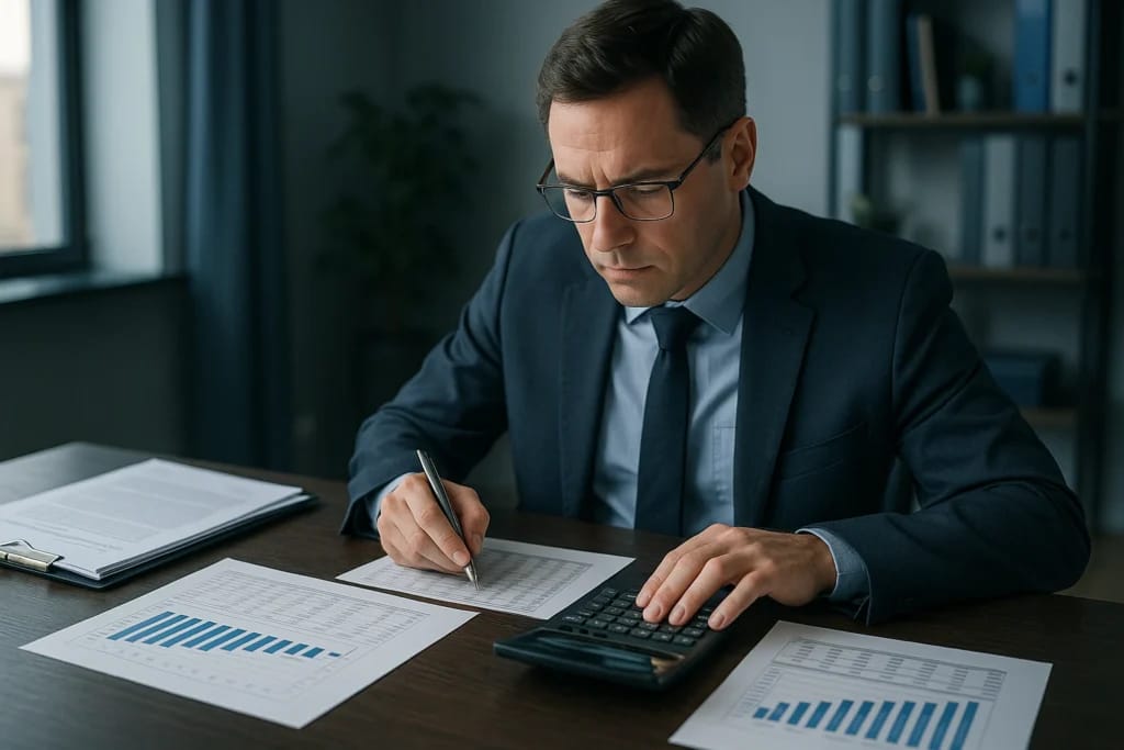 Perito contador analisa projeções de lucro em escritório de perícia contábil