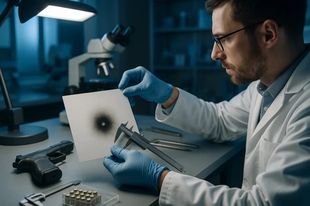 Perito balístico analisa alvo de teste com resíduos de disparo em laboratório forense