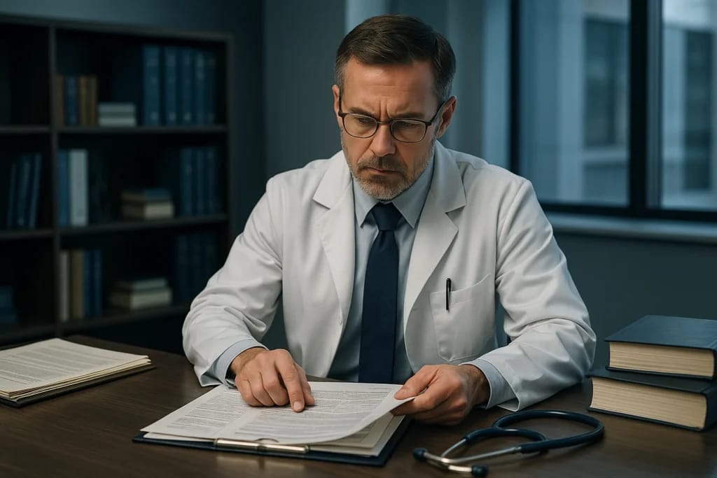 Perito médico-legista analisando prontuários para laudo de erro médico
