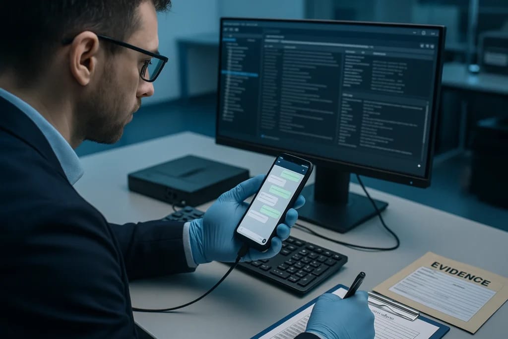 Perito forense digital analisa mensagens de WhatsApp em laboratório