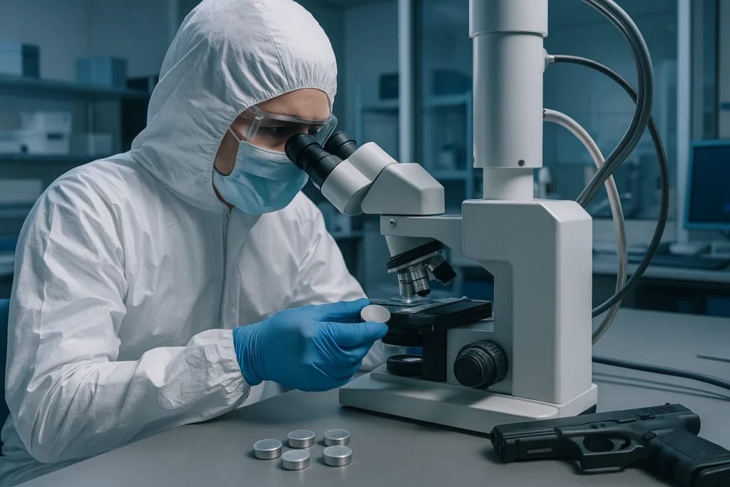 Perito analisa resíduos de tiro em microscópio eletrônico em laboratório de balística