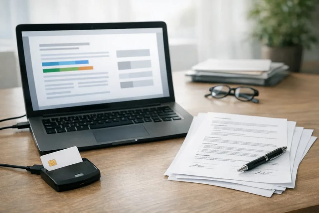 Mesa de análise com notebook, leitor de token e contrato impresso