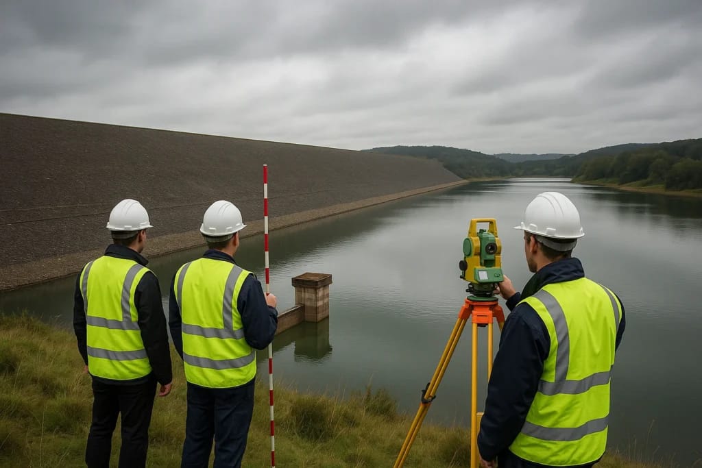 Equipe de engenharia forense inspecionando estrutura de barragem de terra