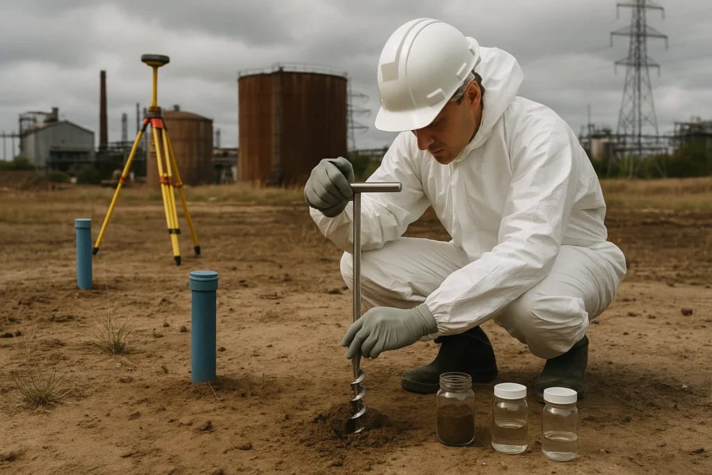 Perito ambiental coleta amostras de solo em área industrial
