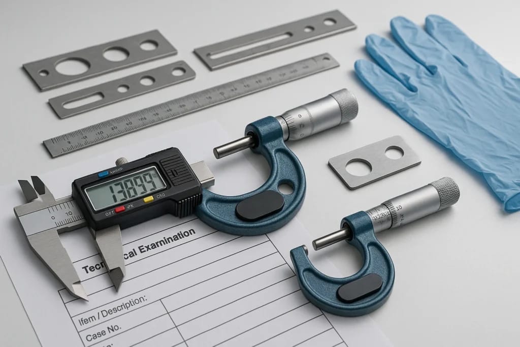 Bancada de exame técnico com instrumentos de medição de precisão