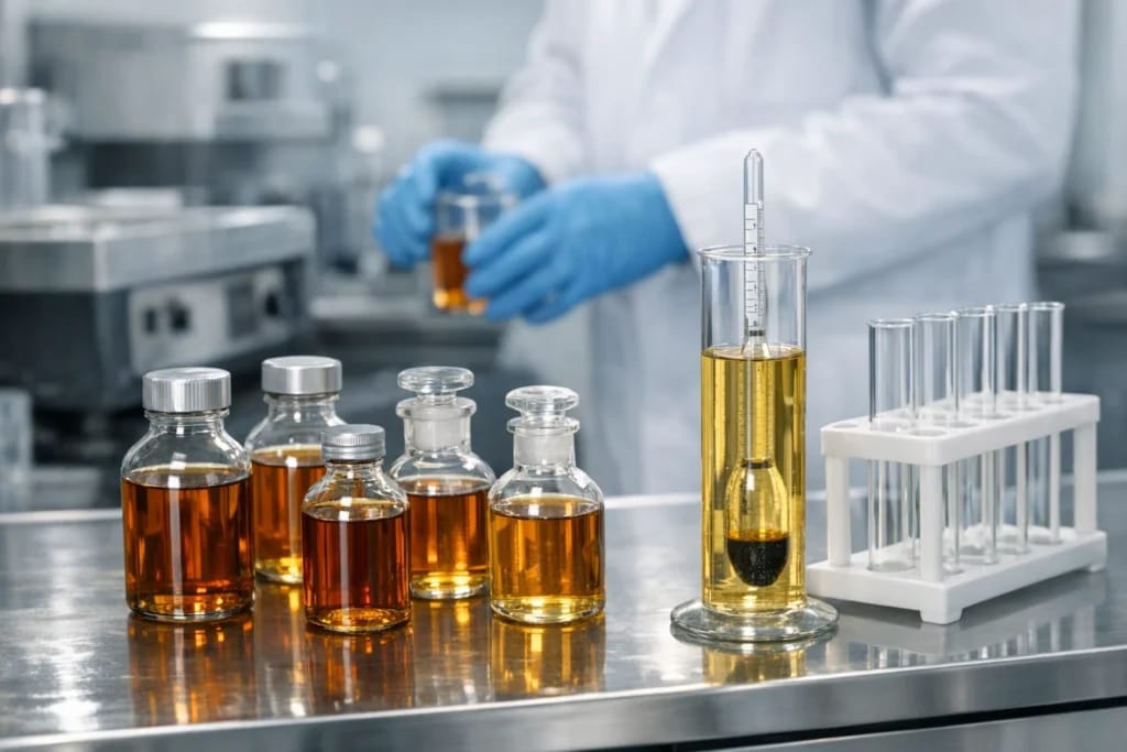 Bancada de laboratório com amostras de combustível em frascos e instrumentos de ensaio