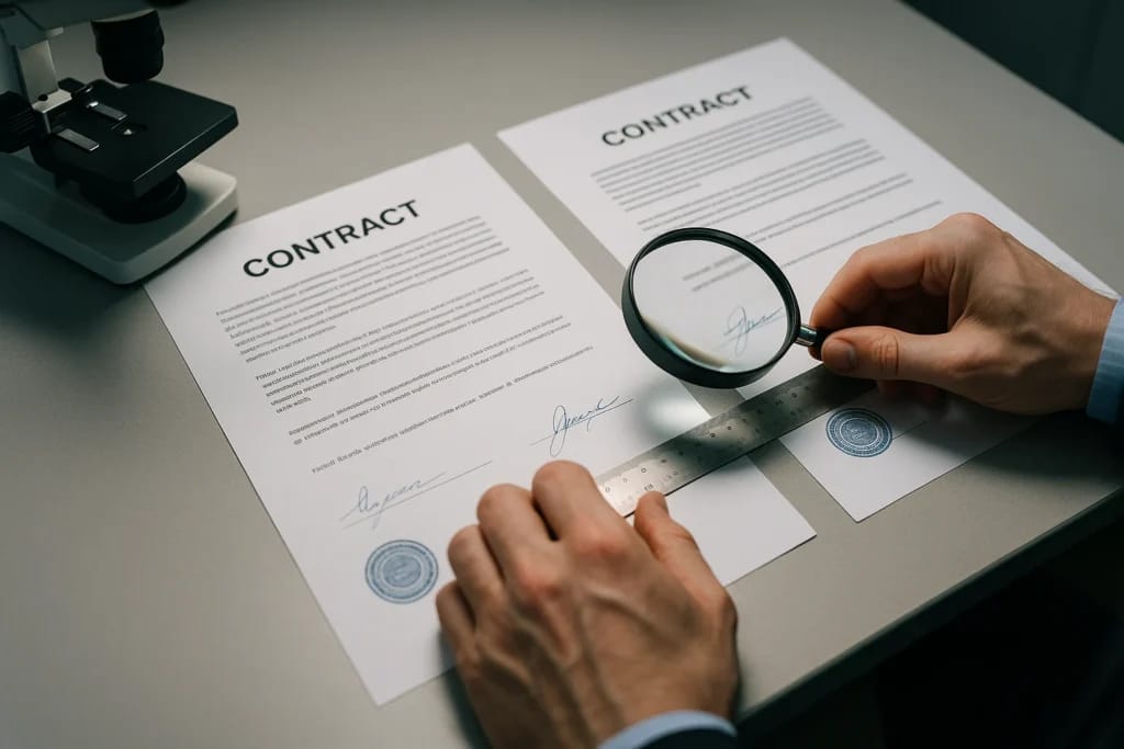 Perito grafotécnico compara assinaturas em contratos com lupa e régua