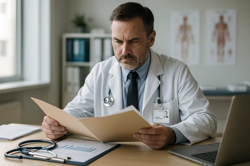 Perito médico-legal analisando documentos de um caso em mesa de trabalho